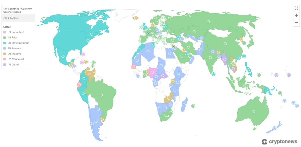 Current CBDC development progress by country (map)