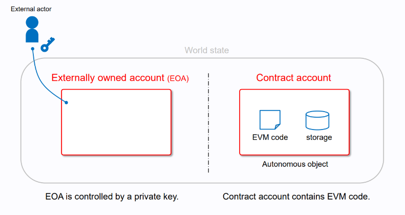 the Ethereum network: externally owned accounts (EOA) and contract accounts (CA)