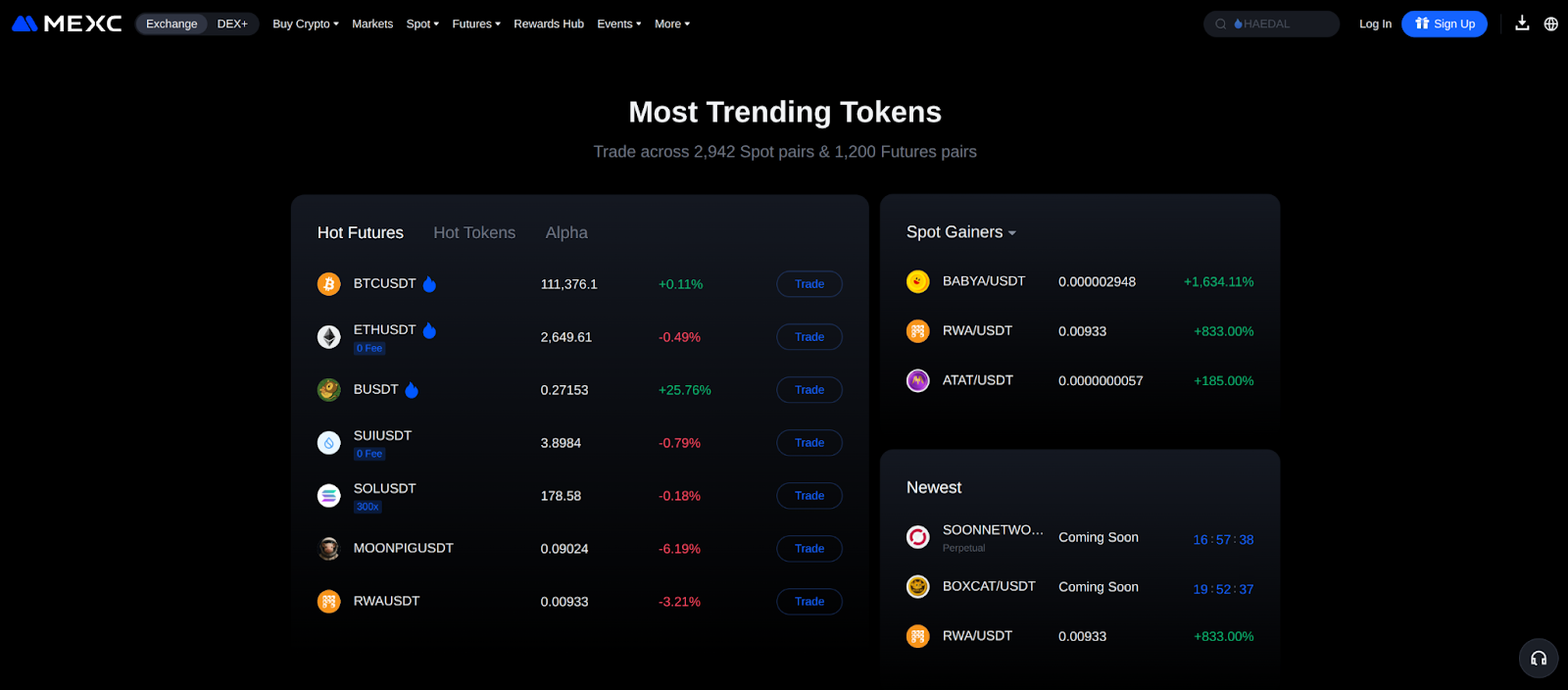 mexc token selection