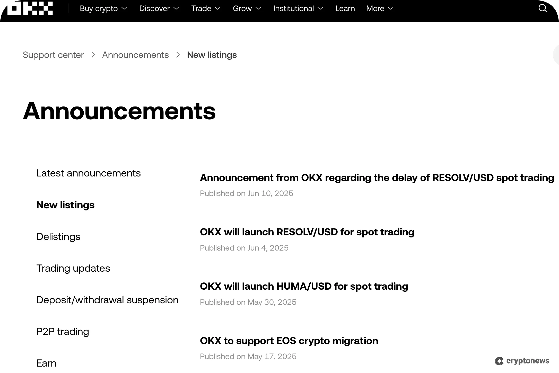 screenshot of the OKX Announcement page