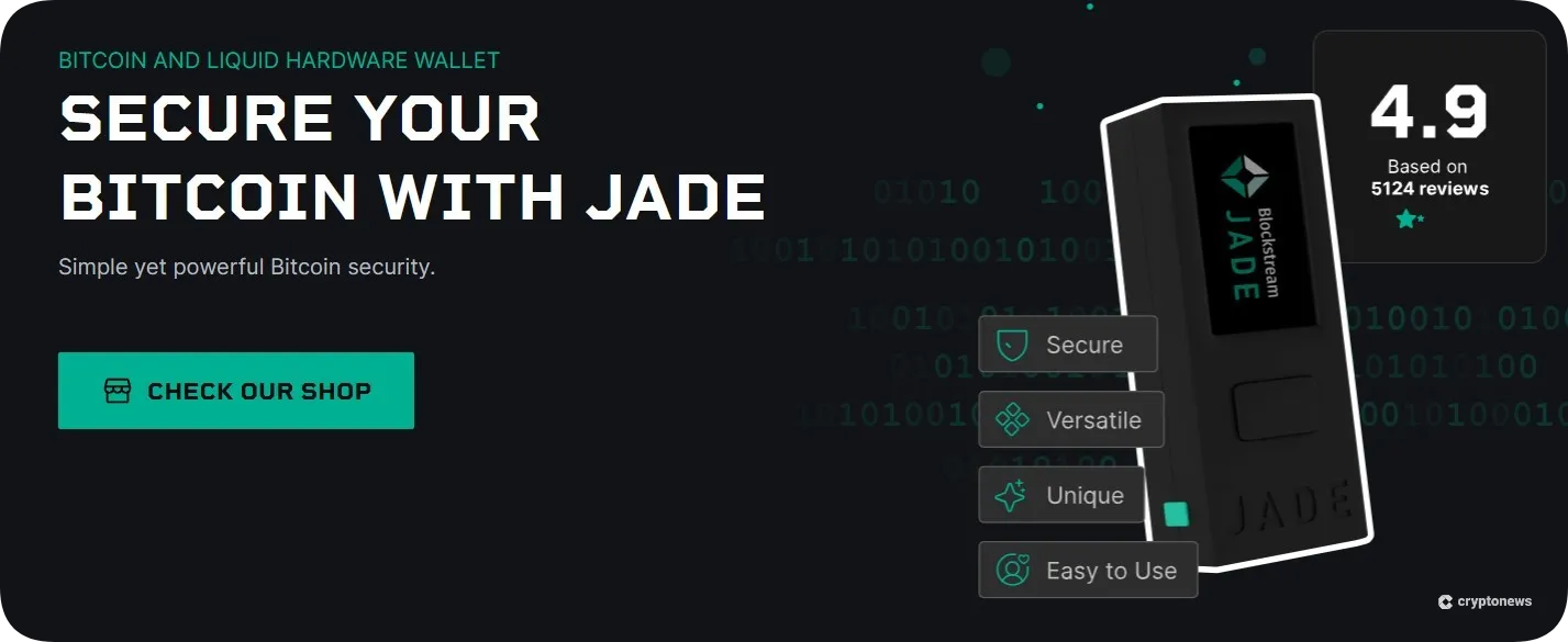 Blockstream Jade hardware wallet promotion emphasizing Bitcoin security, versatility, and ease of use with a 4.9-star rating