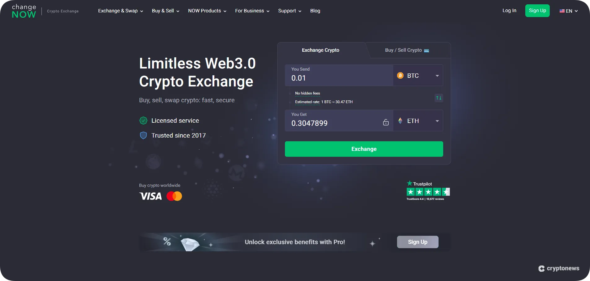 ChangeNOW homepage promoting Web3 crypto exchange with instant BTC to ETH swap