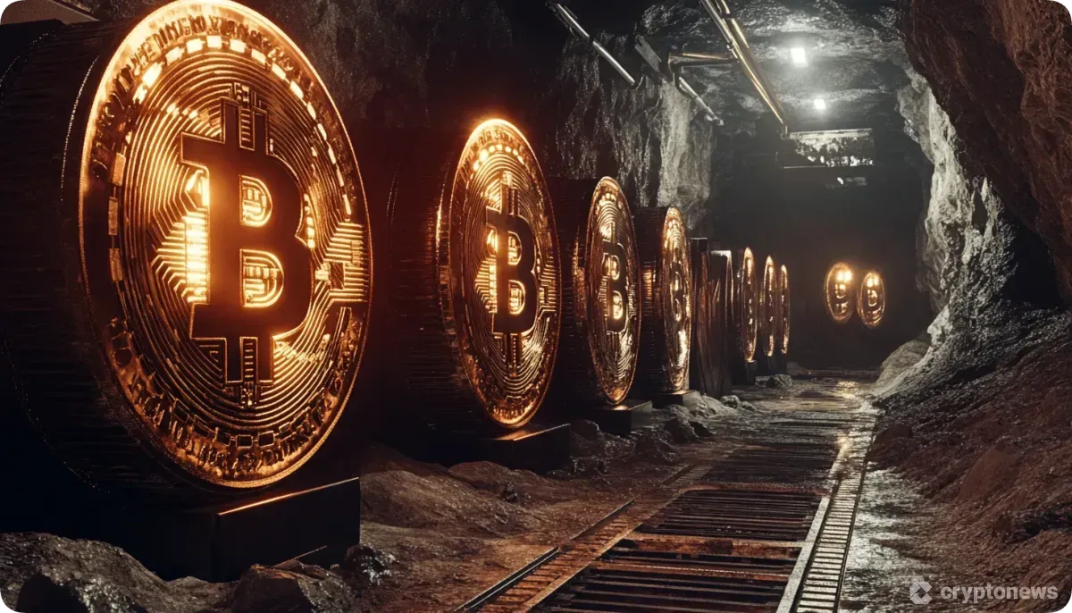 Glowing Bitcoin coins line an underground mining tunnel with tracks and lights