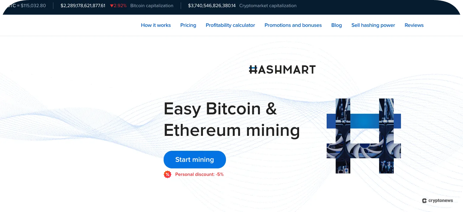 Ashmart cloud-mining homepage with ‘Easy Bitcoin & Ethereum mining’ headline, Start mining button, and navigation menu
