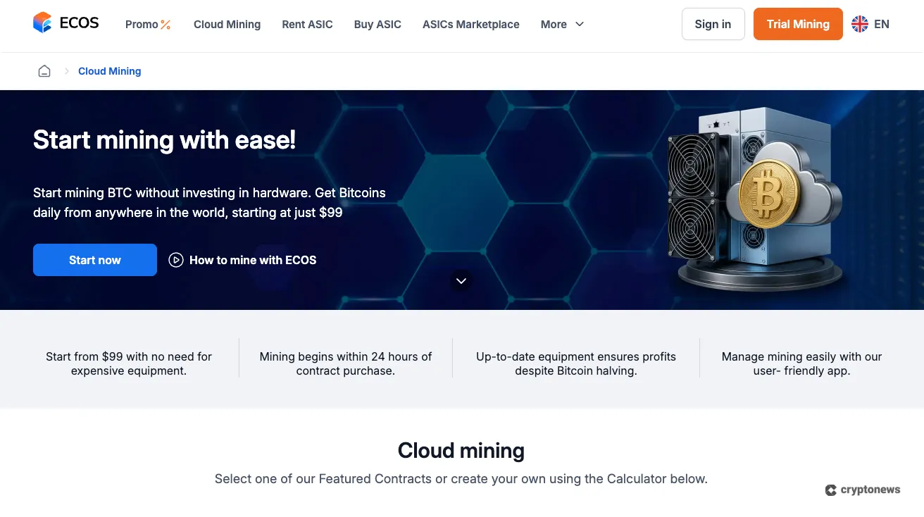 Screenshot of ECOS cloud mining homepage promoting Bitcoin mining starting at $99