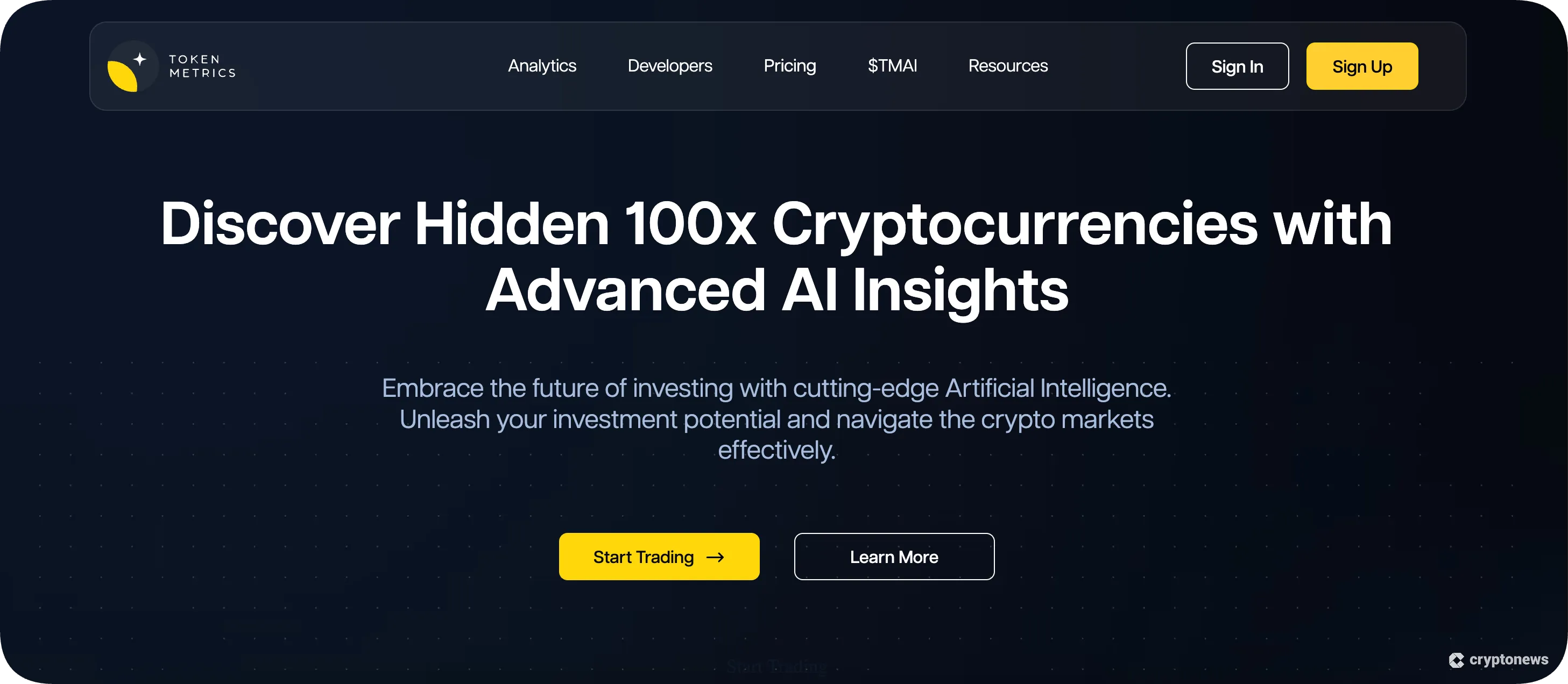 Token Metrics homepage promoting AI-powered crypto insights and 100x opportunities