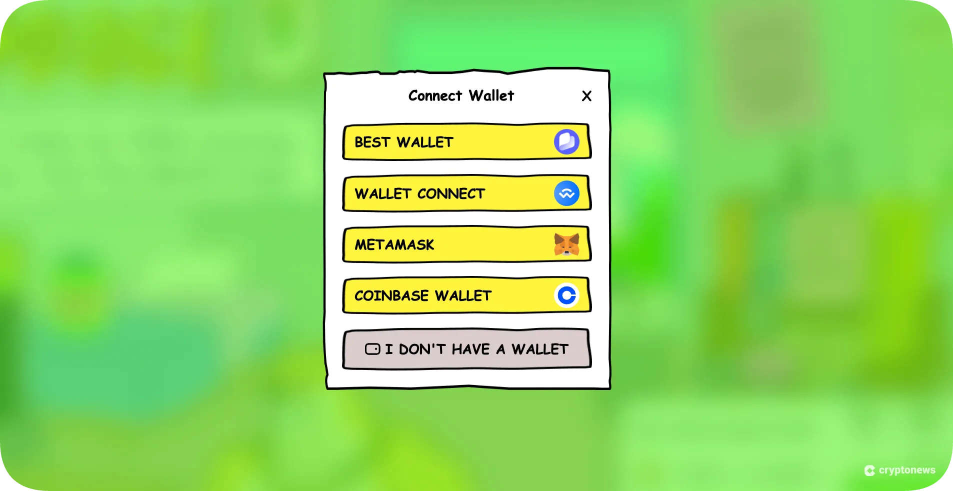 Connect Wallet popup listing Best Wallet, WalletConnect, MetaMask, Coinbase options