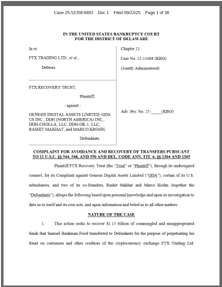 FTX Trust Sues Genesis Digital for $1.15B Clawback Over Alleged Fraudulent Transfers