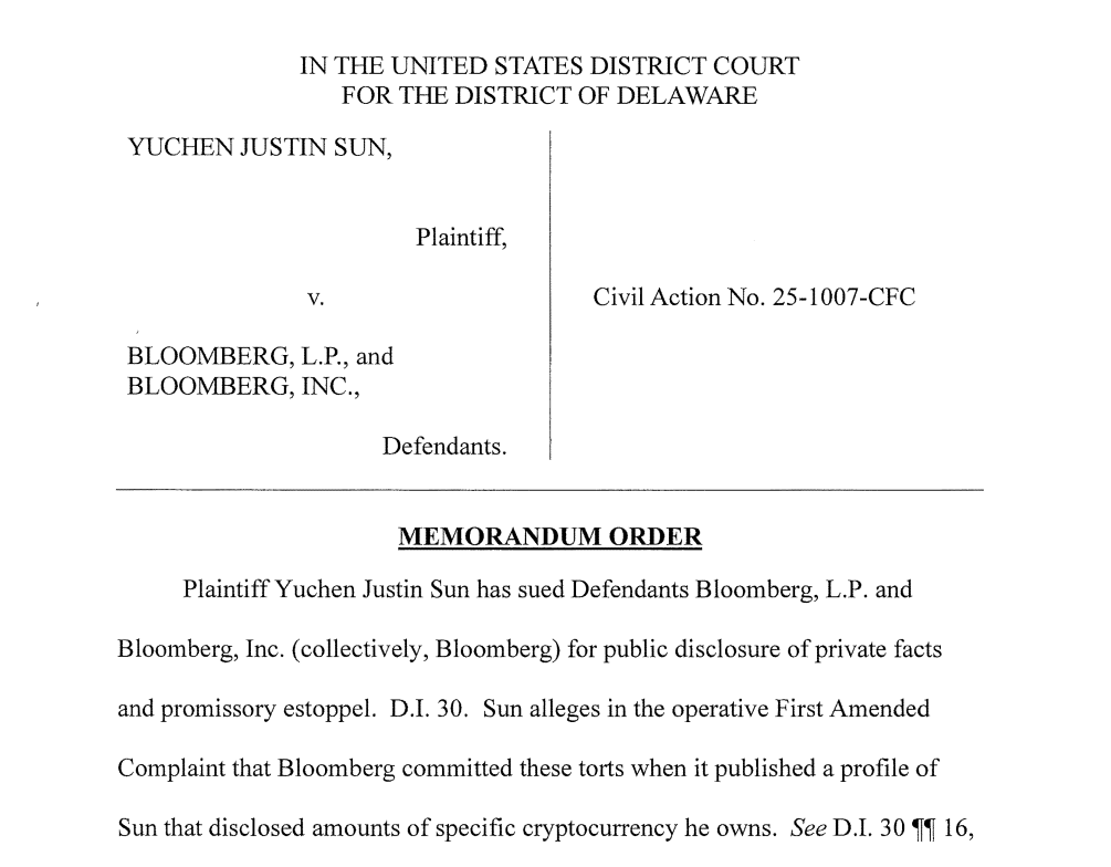 Court Denies Justin Sun's Attempt to Stop Bloomberg from Revealing His $3B+ Crypto Portfolio