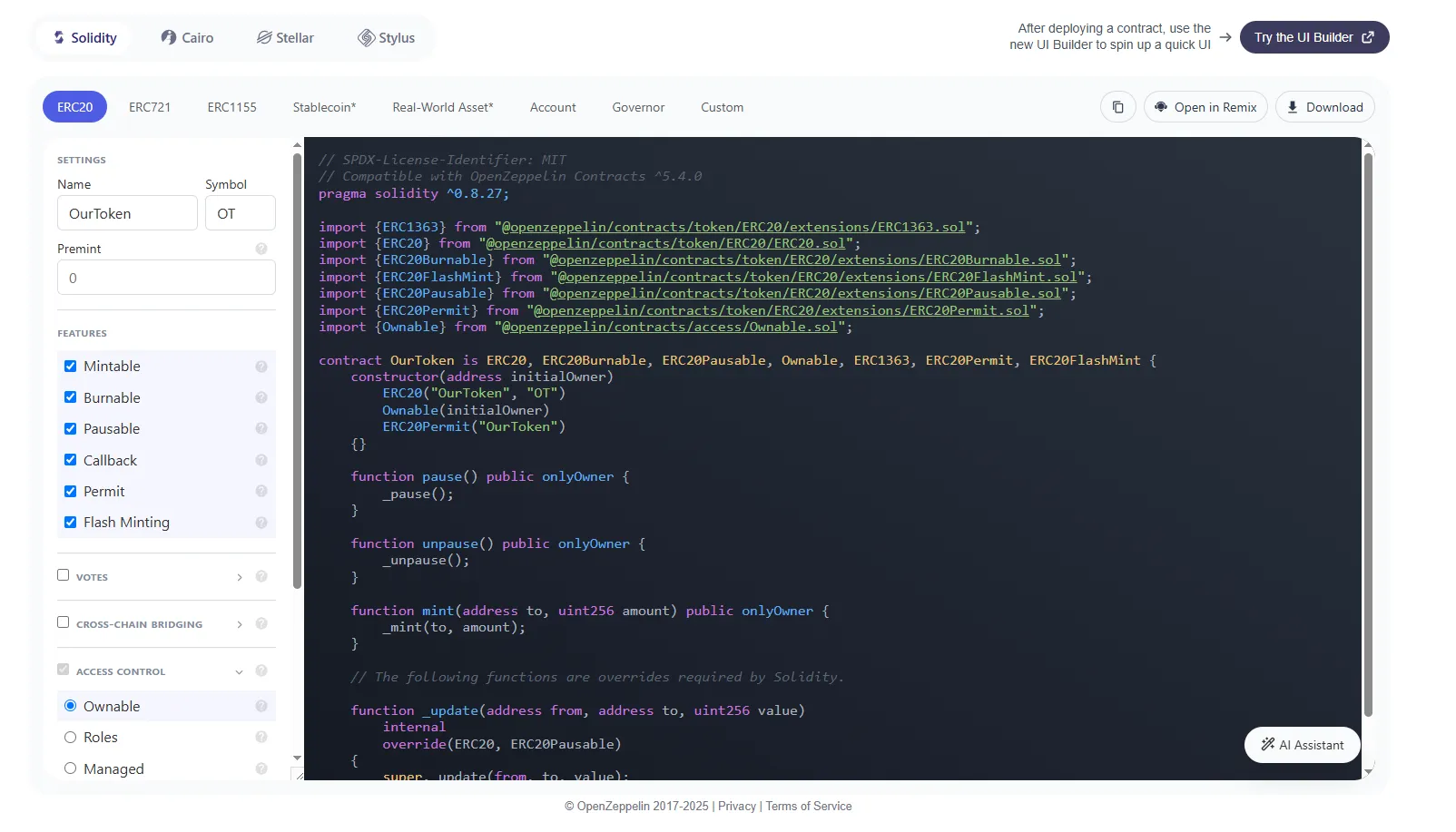 screenshot of the OpenZeppelin’s Contract Wizard website
