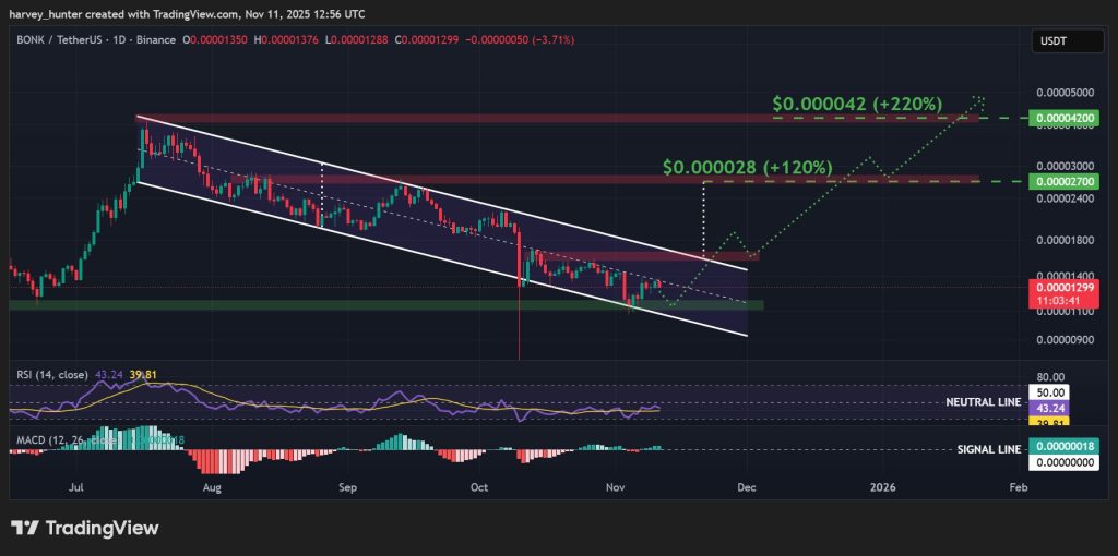 BONK / USDT 1-day chart, descending channel bounce. Source: TradingView.