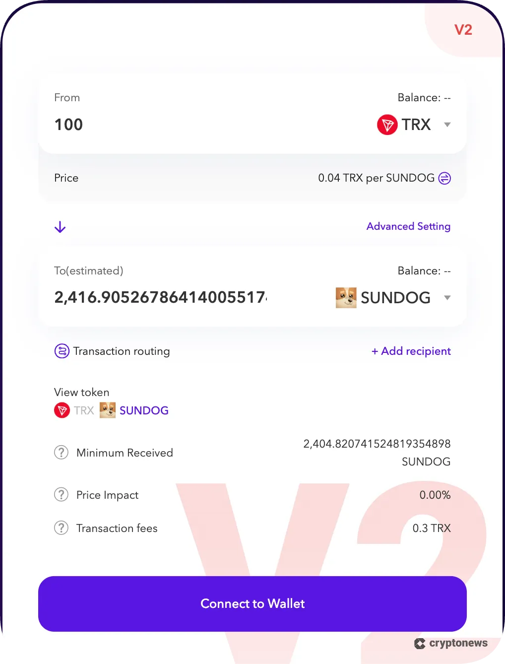 screenshot of Setting up a Token Swap on SunSwap