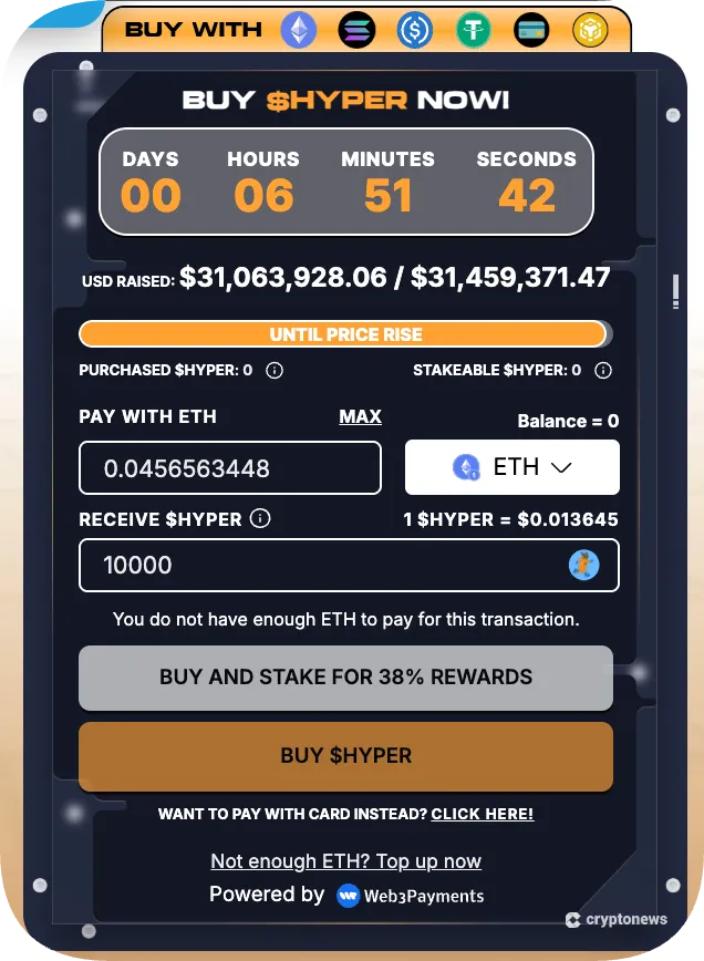 screenshot of HYPER payment methods and price