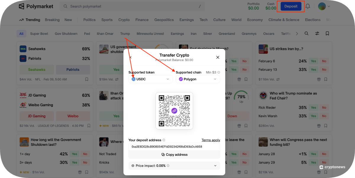 Send USDC to the polymarket Deposit Address