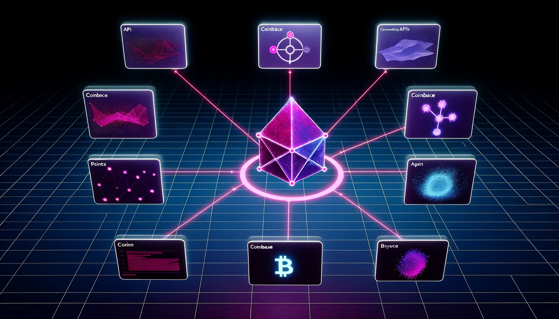 AI agent node with orbital service panels and USDC payment rails on technical grid background
