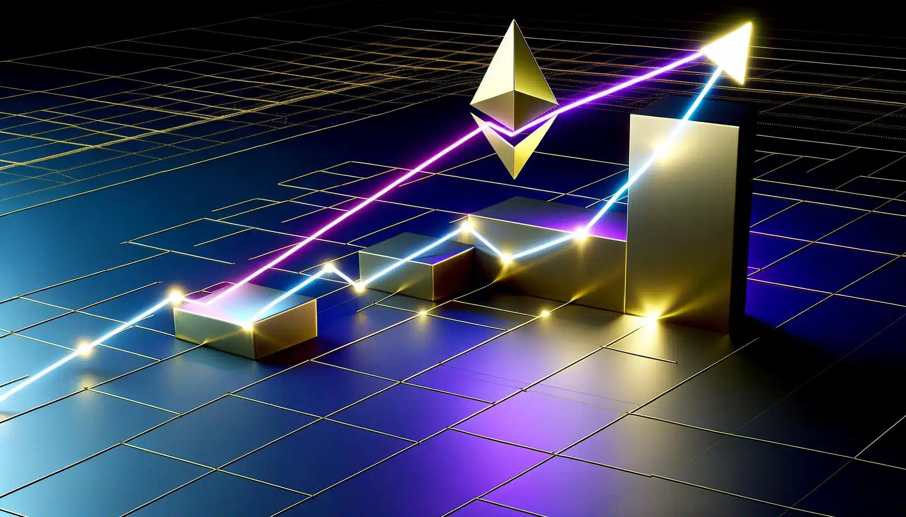Golden triangle chart pattern with Ethereum symbol at apex, metallic trendlines converging upward against dark tech background