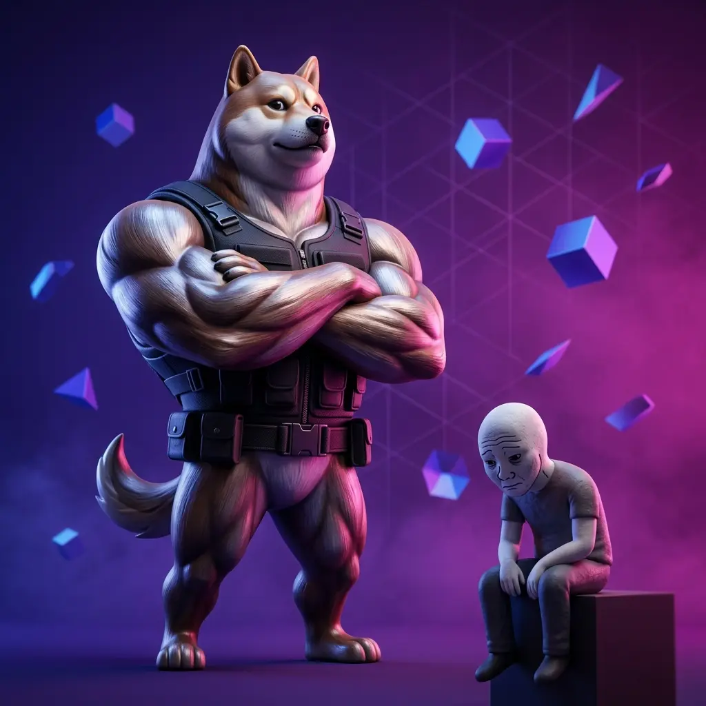 Muscular dog meme character towering over sad wojak figure in modern crypto gradient studio lighting