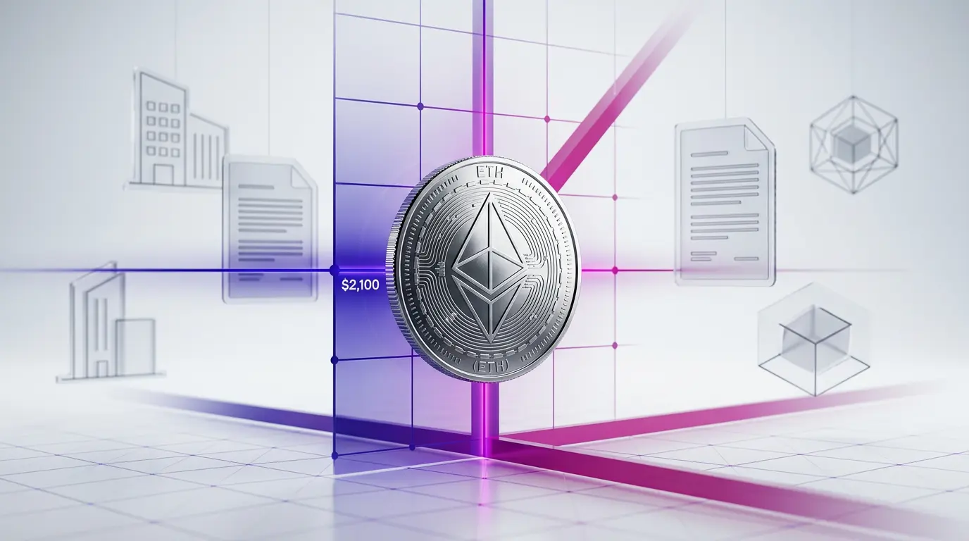 Ethereum coin at critical price level with purple gradient grid representing RWA tokenization growth