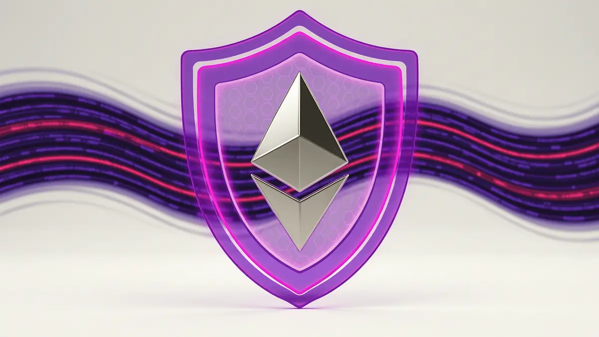 Ethereum logo protected by glowing purple shield layers representing MEV security and network protection