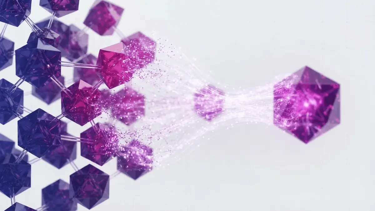 Ethereum validator nodes consolidating from many small crystals into fewer larger nodes on grid background