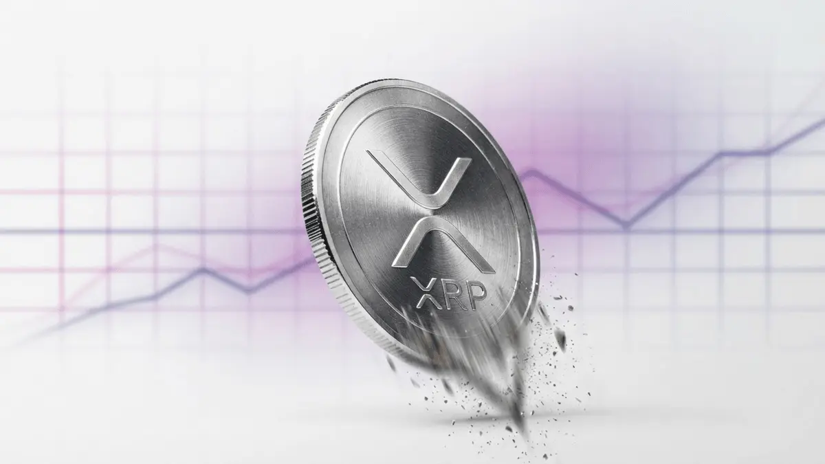 XRP cryptocurrency coin with downward motion effect on modern gradient grid background
