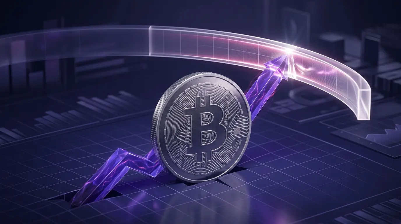 Bitcoin-inspired coin approaching a key breakout resistance zone on a purple trading grid