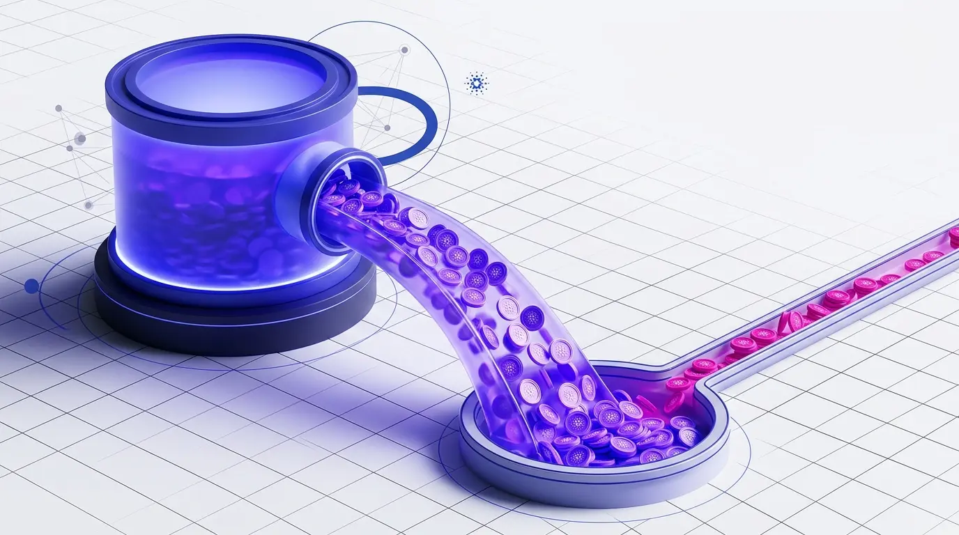 3D visualization of Cardano staking rewards dominated by reserve emissions over transaction fees
