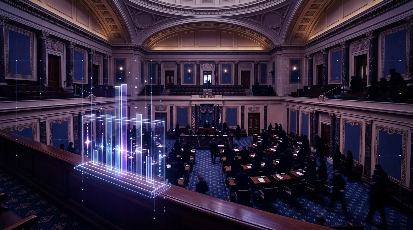 Illuminated Senate chamber and digital voting threshold representing the CLARITY Act cloture vote