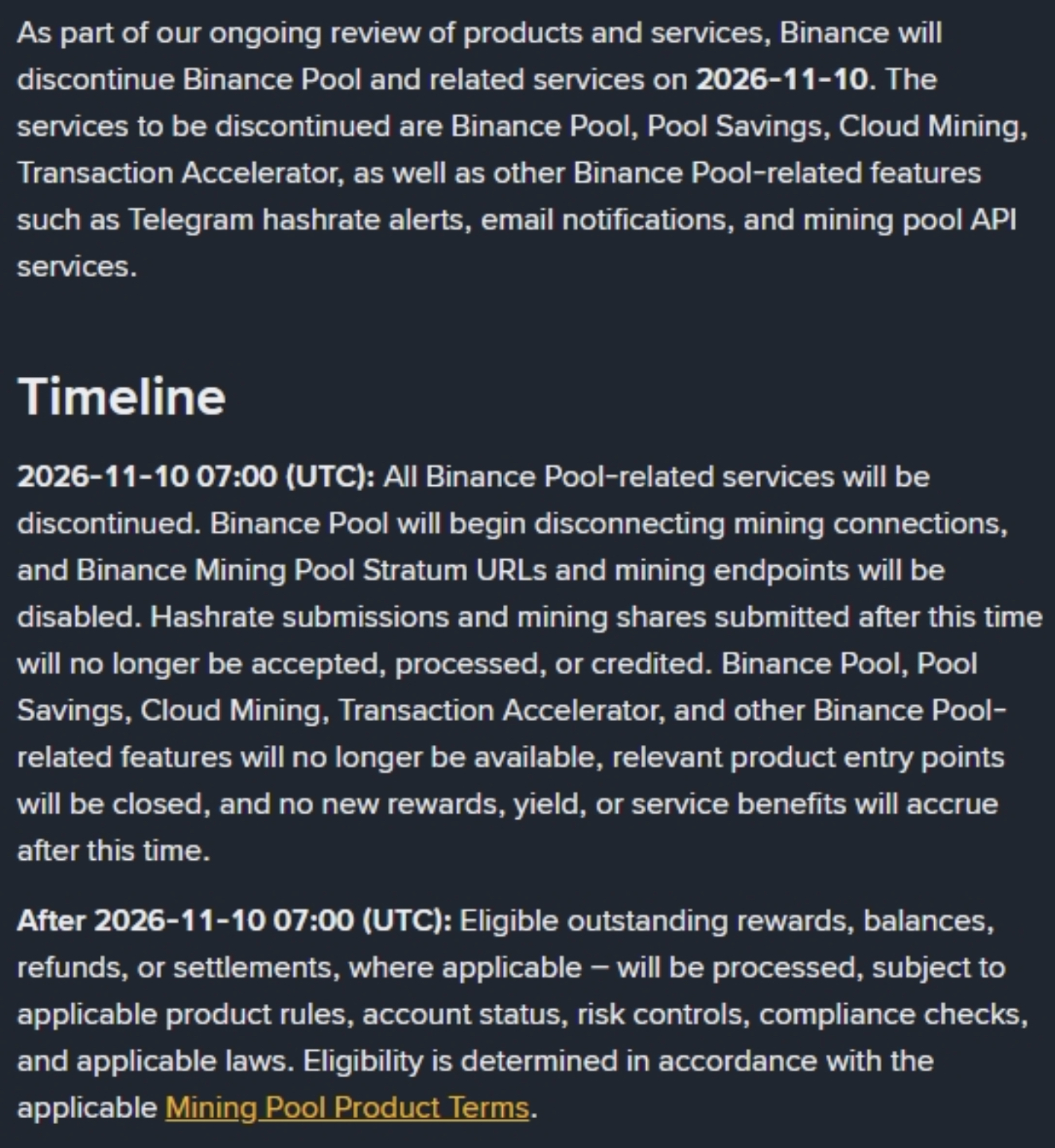Binance Pool will close on 10th of Nov, 2026, ending mining services and requiring miners to move equipment before connections are disabled.