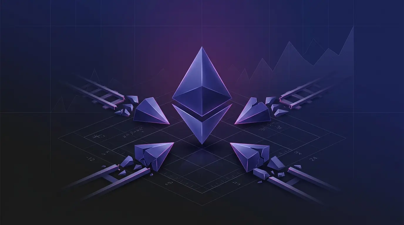 Ethereum-inspired digital asset with fading Layer-2 pathways converging on a dark financial grid