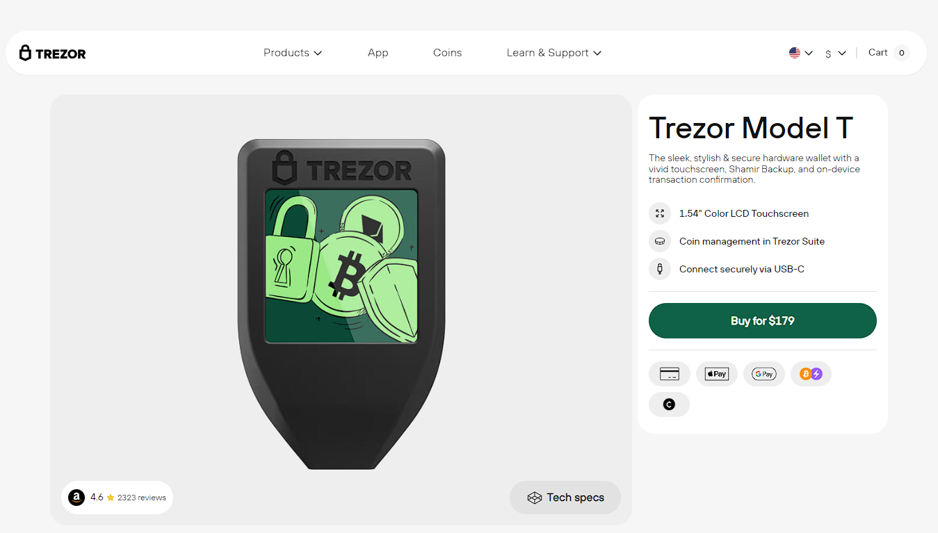 Trezor Model T - carteira fria de criptomoedas para auto custódia de bitcoin
