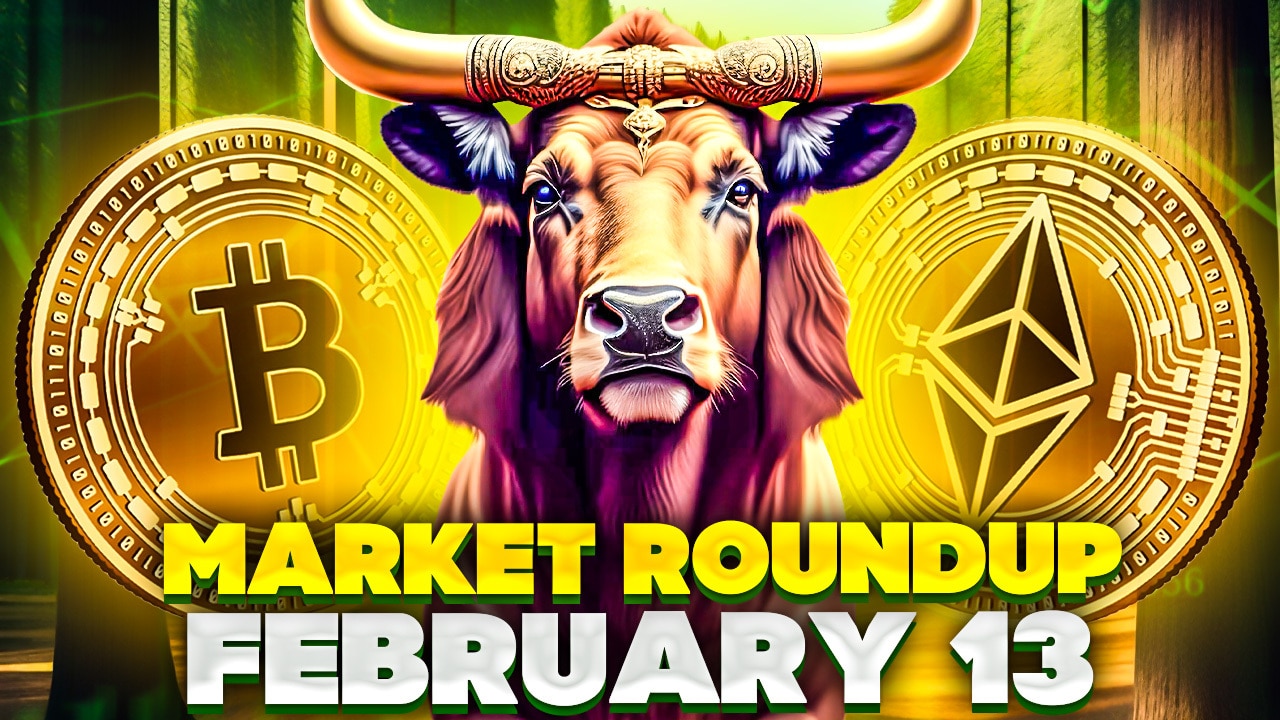 Bitcoin hintaennuste 13.2.2024 kuvituskuvassa härkä, bitcoin ja ethereum.