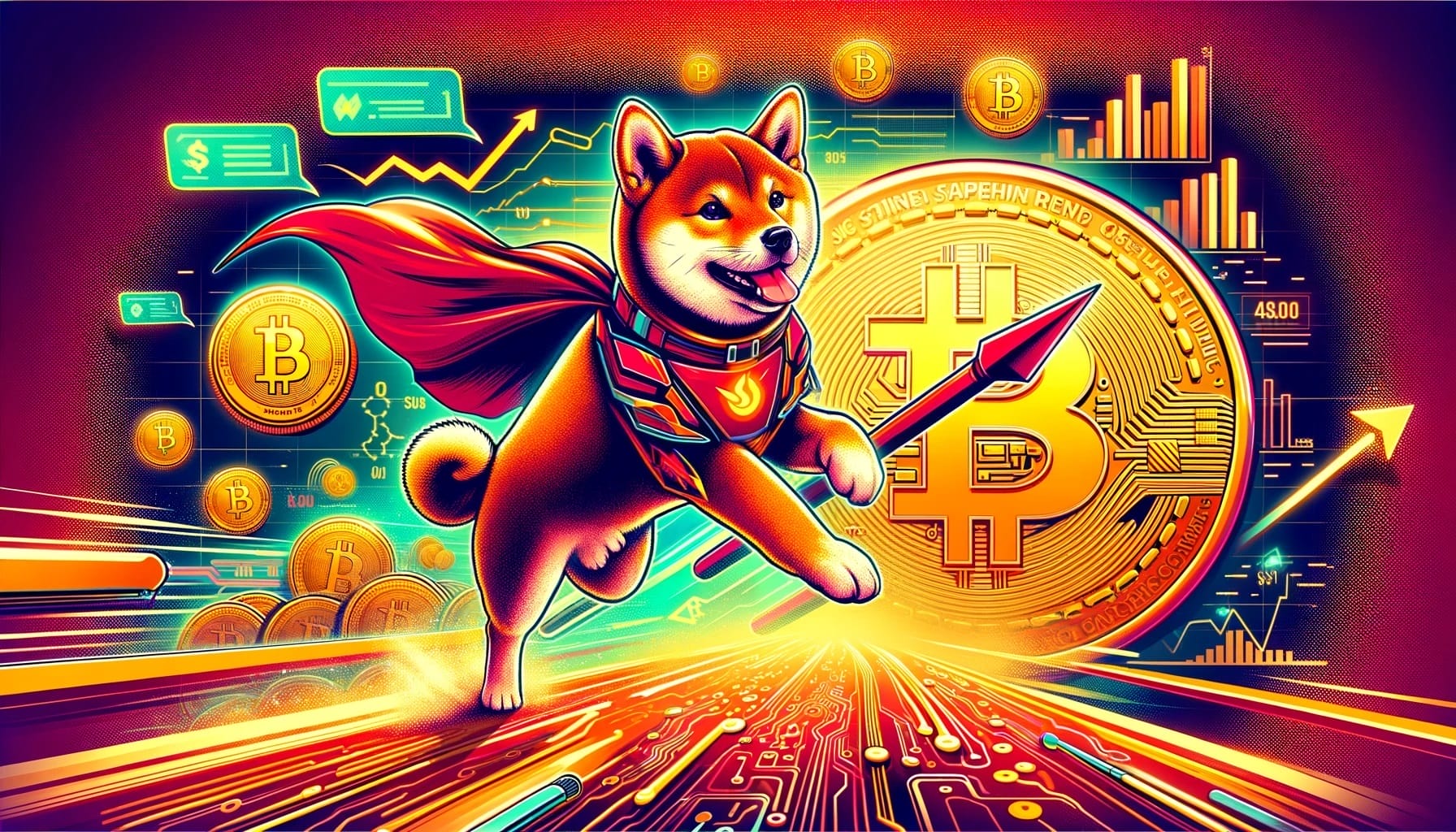 Shiba inu ja dogecoin taistelukuva, jossa piirretty lentävä shiba inu sankarinviitassa.