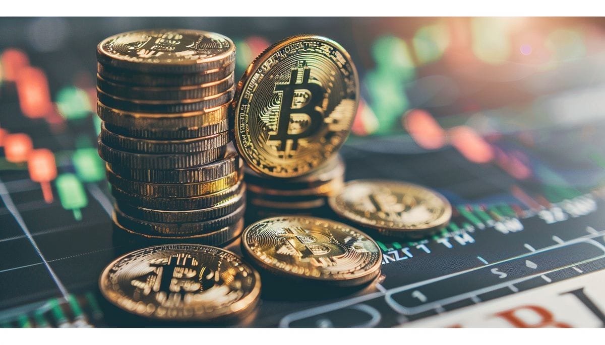 Bitcoin-kolikoita kurssikäyrän päällä.
