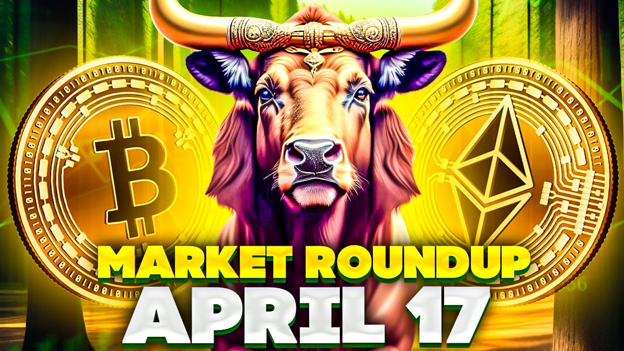 Bitcoin hintaennuste 17.4.2024 kuvituskuva, jossa härkä ja kryptovaluuttoja