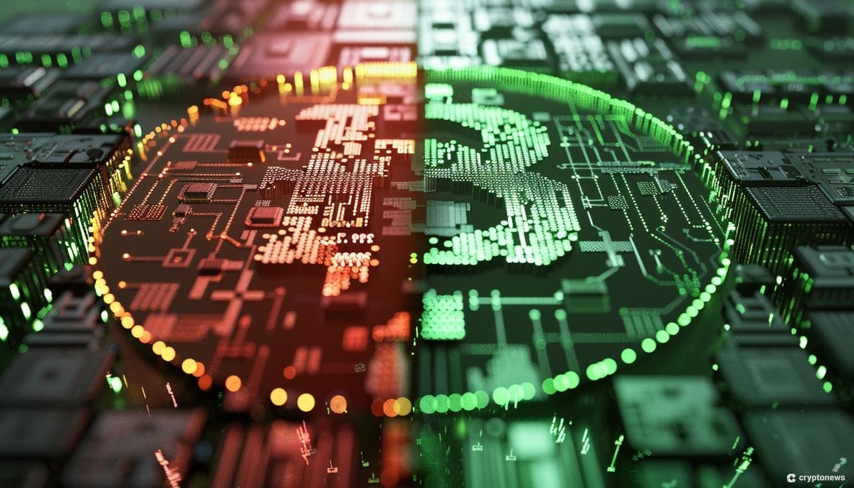 Nvidia osake vai bitcoin -kuvituskuvassa piirilevyn ja bitcoin-logon yhdistelmä.
