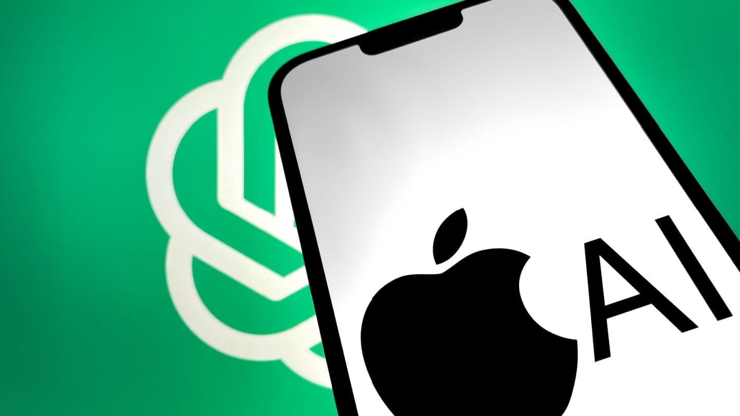 Apple intelligence -kuvituskuvassa iphone, Apple-logo ja ChatGPT-logo