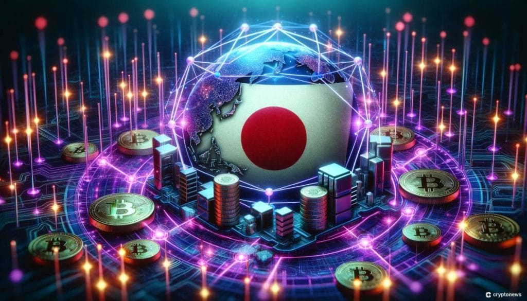 Japani lippu ja futuristinen kuvituskuva.