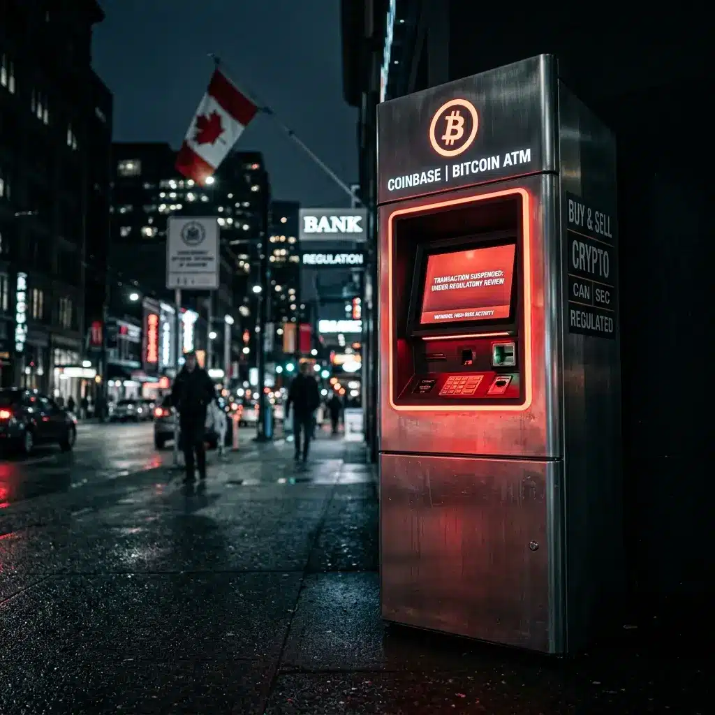 Cryptocurrency ATM machine in urban Canadian setting with dramatic regulatory warning lighting