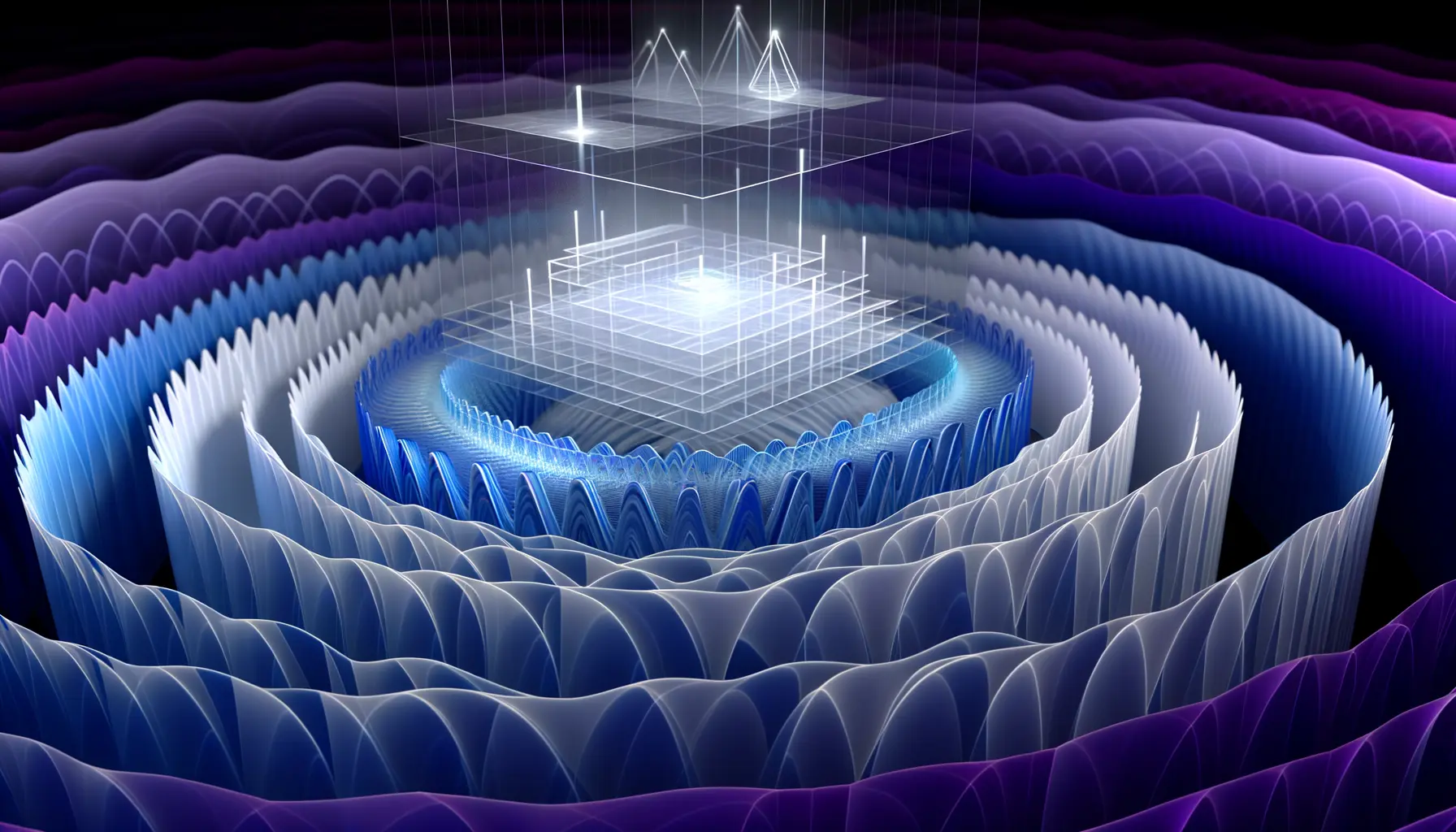 Abstract visualization of quantum-resistant cryptographic layers protecting Bitcoin security, showing indigo quantum waves contrasting with geometric lattice structures