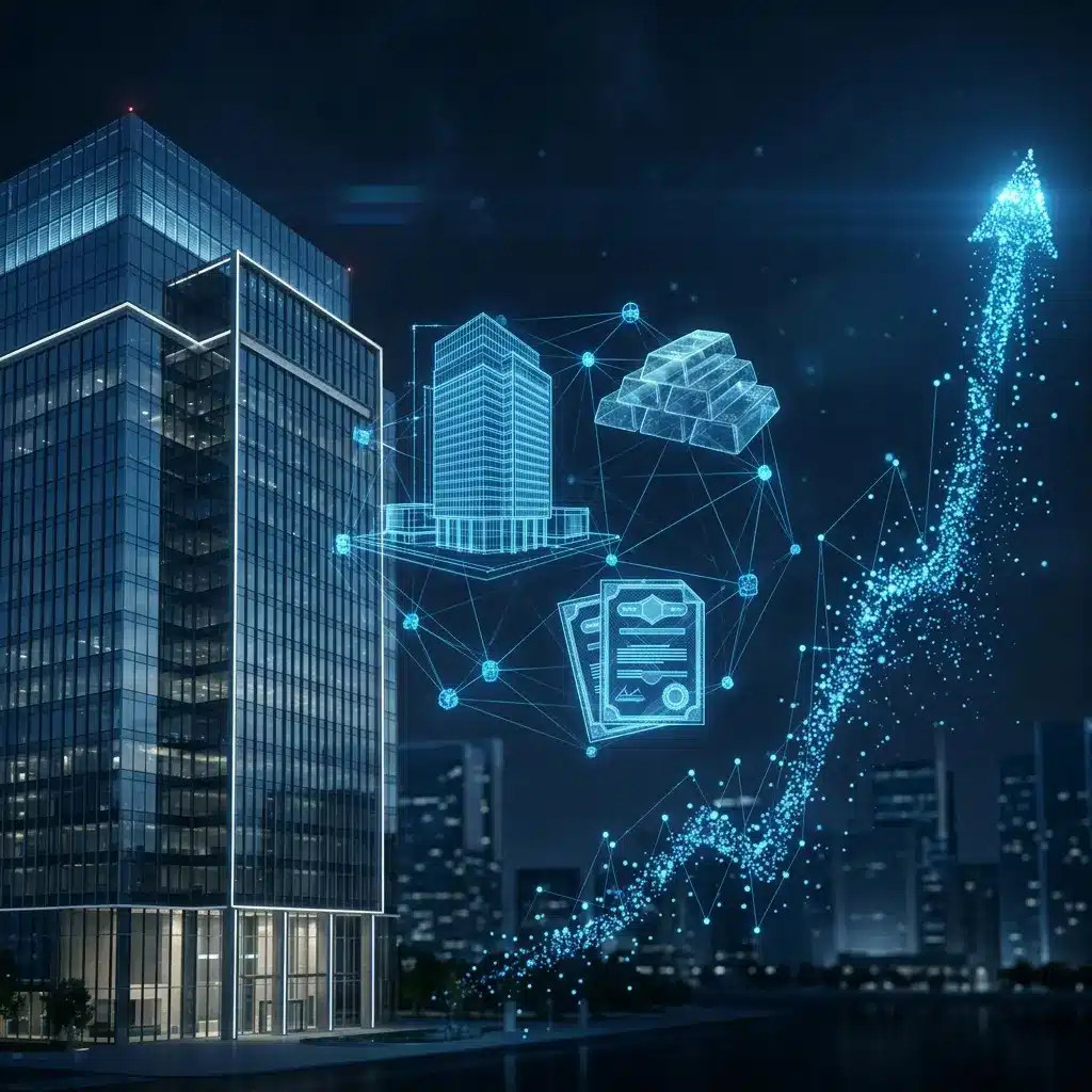 Standard Chartered building with digital tokenized assets and blockchain network visualization