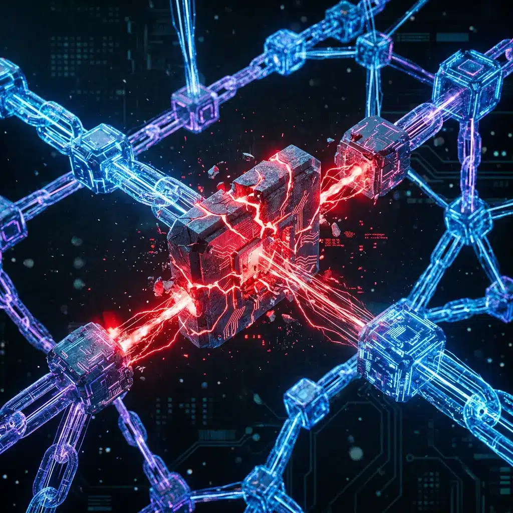 Blockchain network visualization showing fractured cross-chain gateway with security vulnerability indicators
