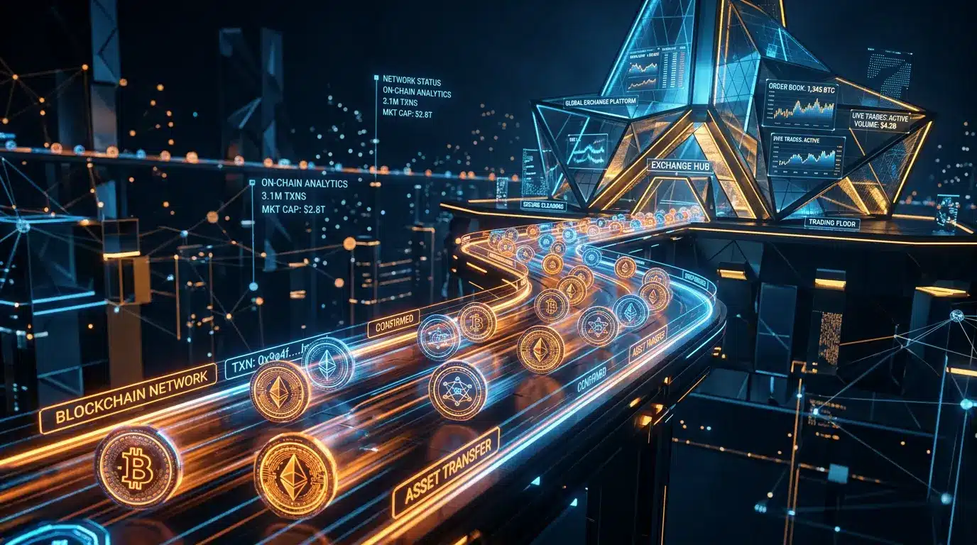 Cryptocurrency tokens flowing through blockchain network to exchange platform representing major HYPE transfer