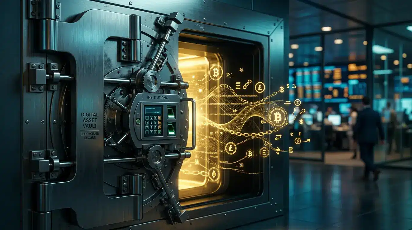 Digital vault with blockchain network symbolizing tokenized financial reserves regulation