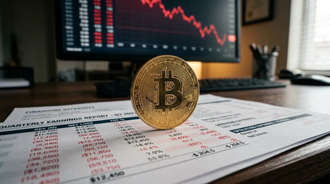 Bitcoin coin on financial reports with declining graphs in background