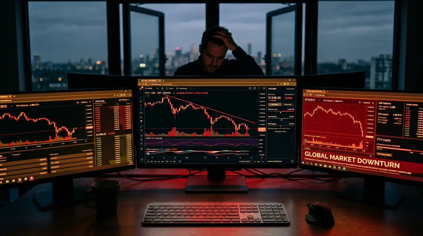 Ethereum trading monitors showing bearish price charts in dramatic red lighting on modern trading desk