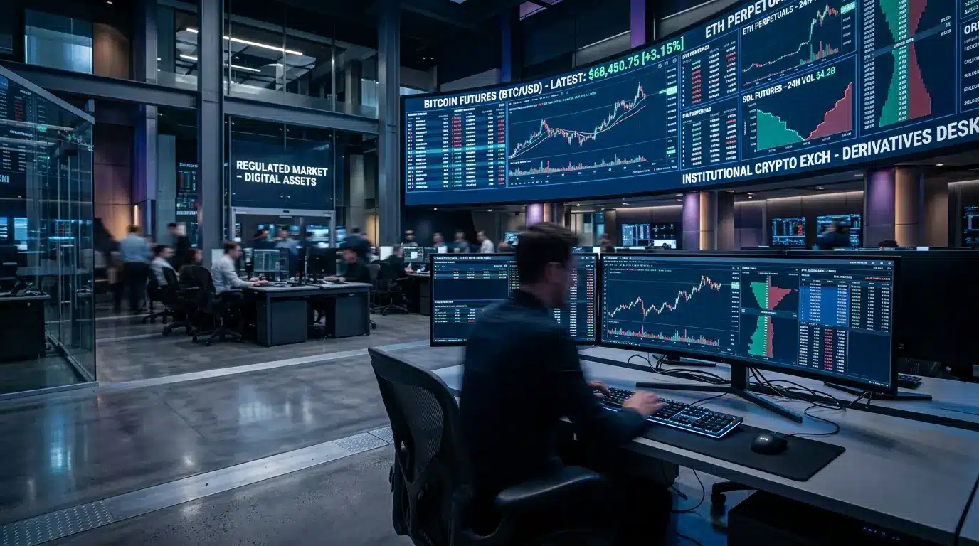 Modern cryptocurrency derivatives trading floor with multiple screens showing Bitcoin futures and market data