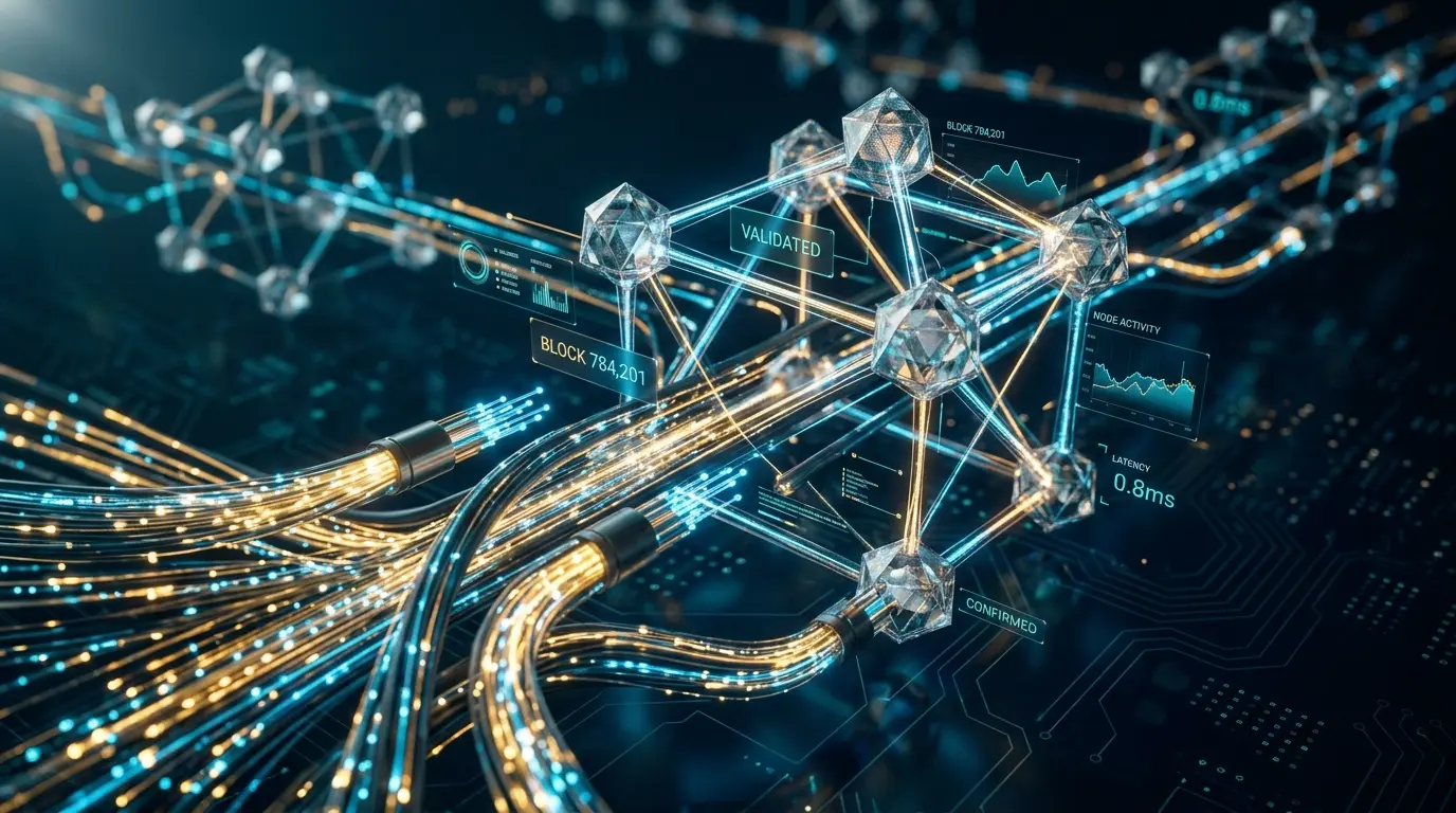 High-speed blockchain network architecture with glowing nodes and fiber-optic data streams