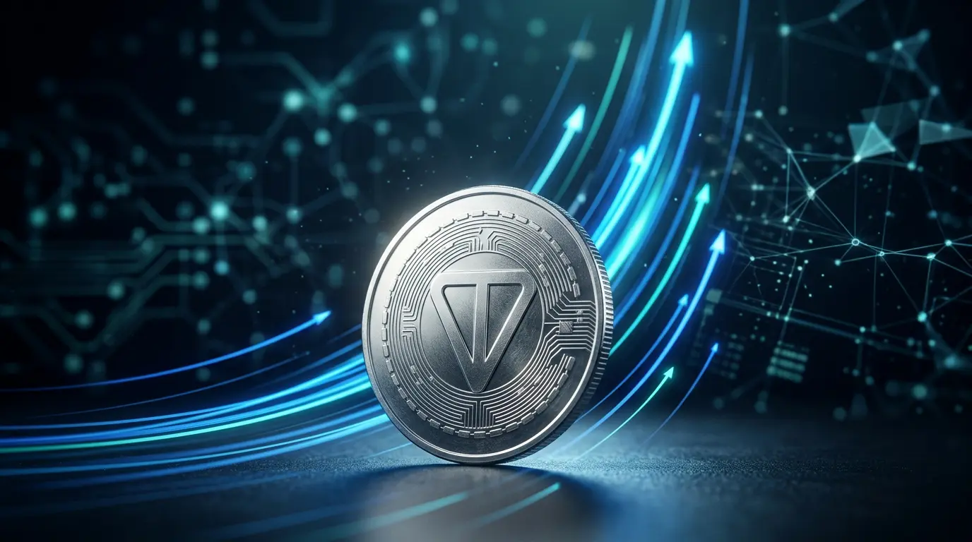 Toncoin cryptocurrency with upward light trails representing price surge and blockchain network