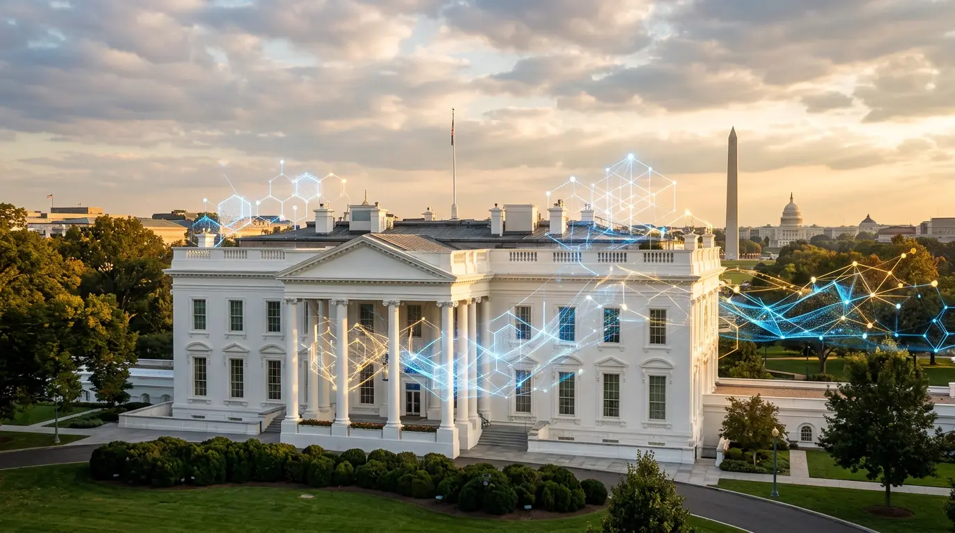 White House with digital blockchain network elements symbolizing cryptocurrency regulation
